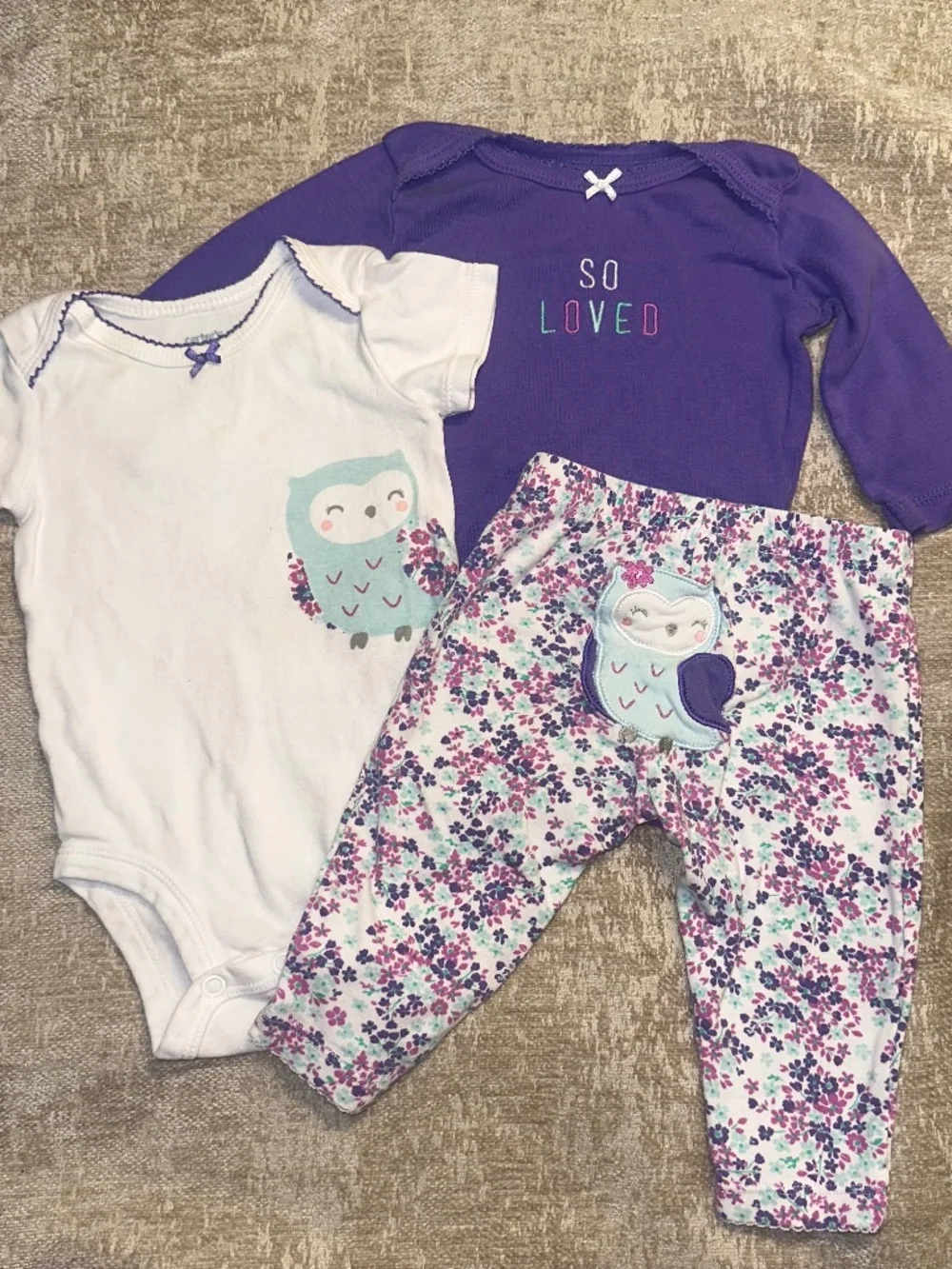Dark Purple Owl Girls Carter’s Outfit Set size 3M vintage retired set